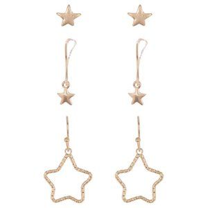 NEW Area Stars Brass 14K Gold Plated 3 Piece Stars Earring Set